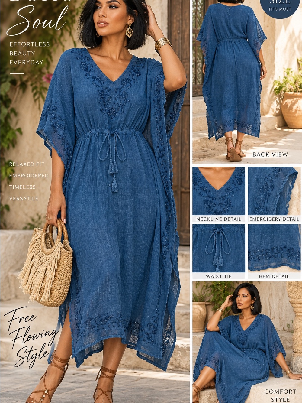 Women's Blue Embroidered Caftan Swim Cover-Up